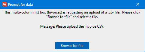 The next user to open the DataBlock will receive this prompt asking for a .csv file uplaod, along with a custom message from their MAPS administrator.